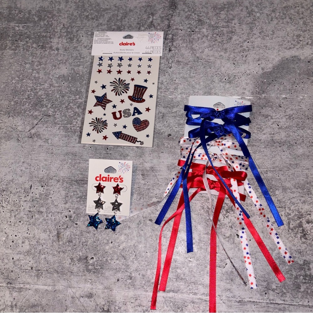 Claire’s 4th of July Bundle - 6 Hair Clips, Earrings, 44 Body Stickers NEW